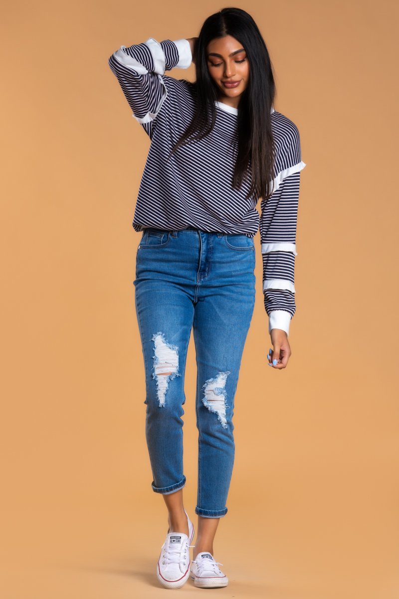 Brigitte Brianna Striped Ruffle Sleeve Sweatshirt